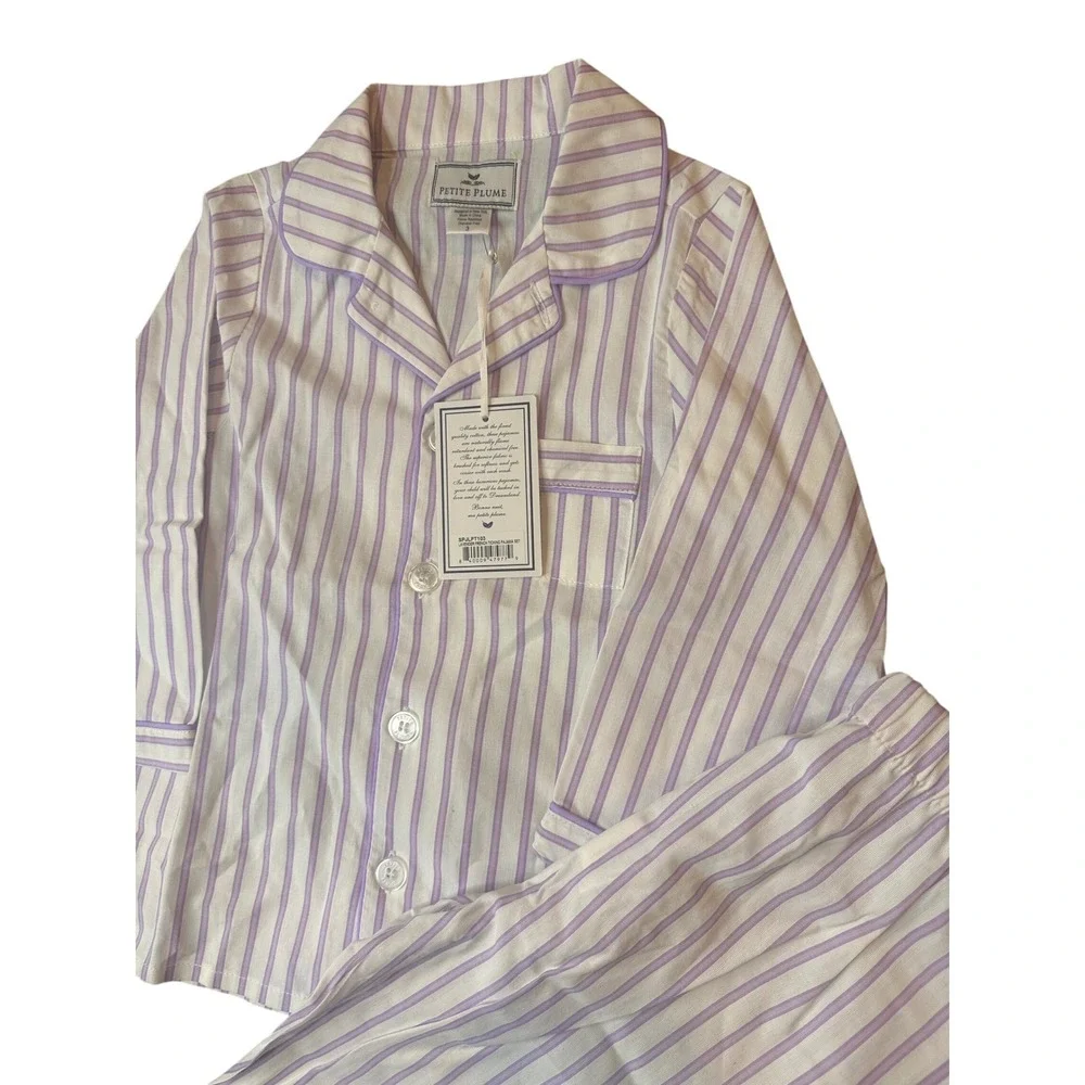 Petite Plume Girls Lavender French Ticking Pajama Set Purple Stripe Size 3 NEW